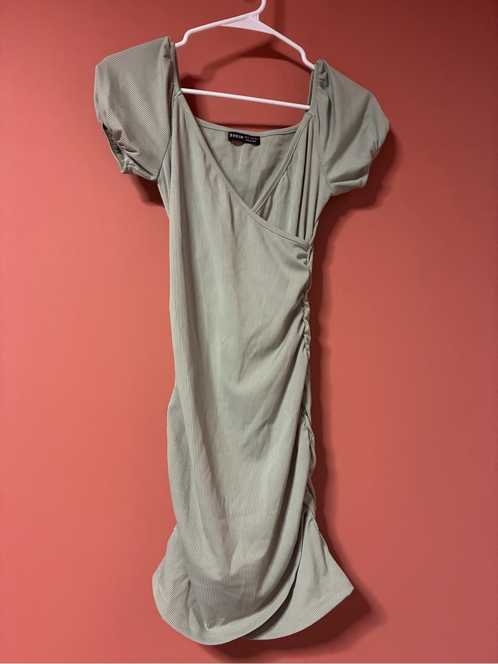 SHEIN Light Mint Ribbed Puff Sleeve Wrap-Style Mini Dress